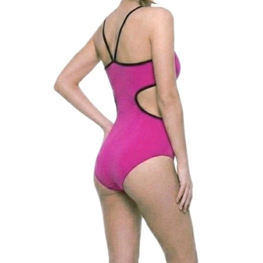 Aja VTG Hot Pink Side Cutout Keyhole Crossback Dance Leotard Built-in Bra Sz AM - Picture 4 of 16